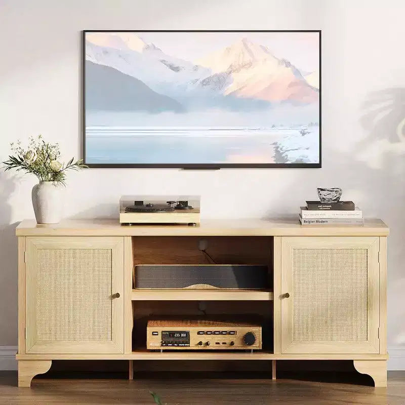 Coolmee Rattan TV Stand for Living Room, Boho Entertainment Center for 55, 65, 70 Inch TV, Wooden Console Cabinet with Storage and Shelf