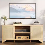 Coolmee Rattan TV Stand for Living Room, Boho Entertainment Center for 55, 65, 70 Inch TV, Wooden Console Cabinet with Storage and Shelf