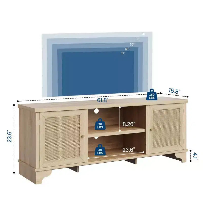 Coolmee Rattan TV Stand for Living Room, Boho Entertainment Center for 55, 65, 70 Inch TV, Wooden Console Cabinet with Storage and Shelf