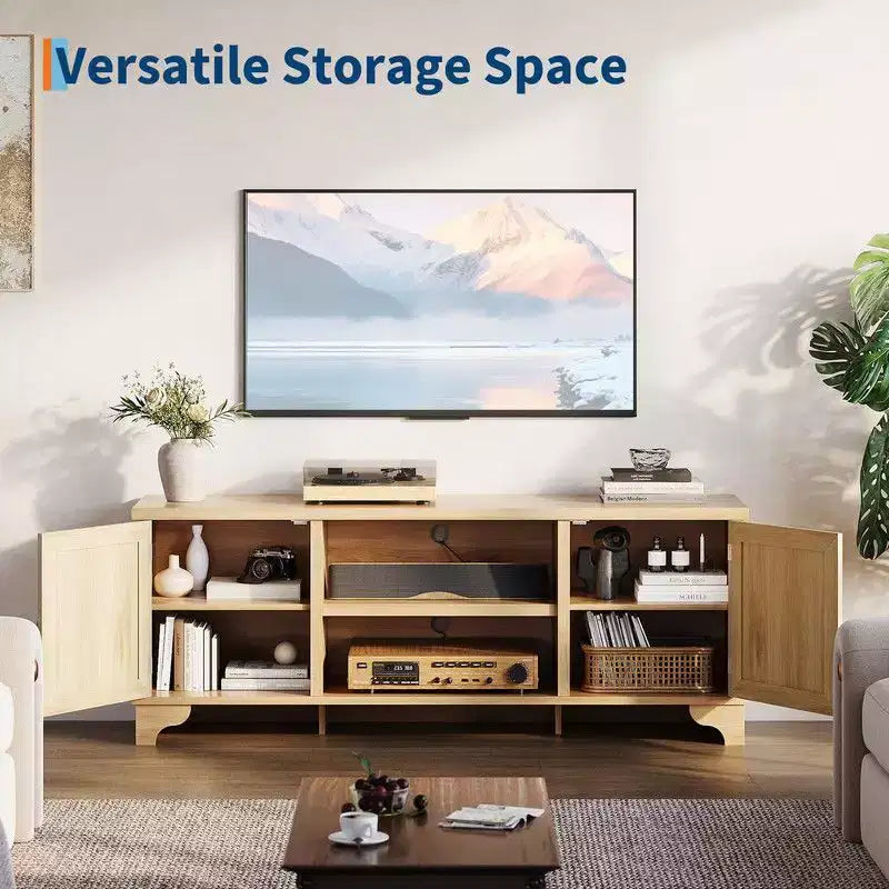 Coolmee Rattan TV Stand for Living Room, Boho Entertainment Center for 55, 65, 70 Inch TV, Wooden Console Cabinet with Storage and Shelf