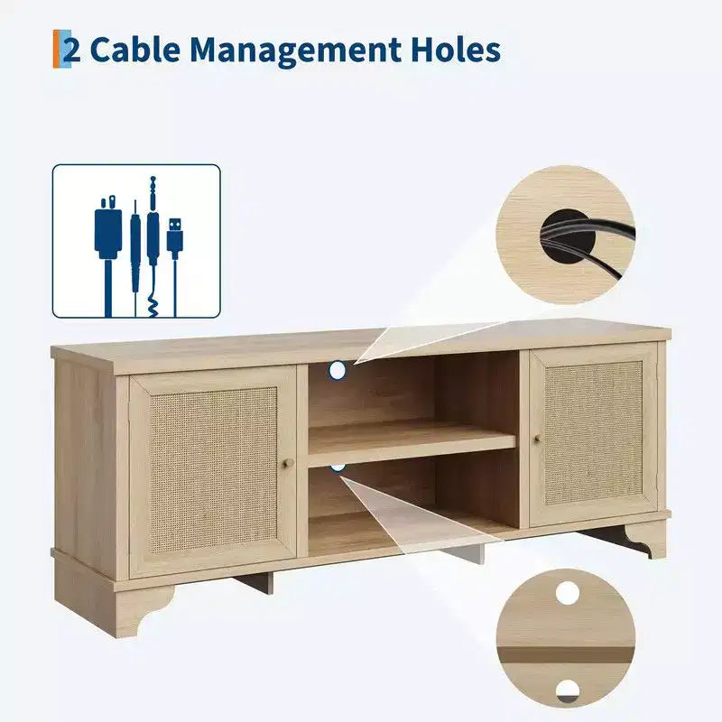Coolmee Rattan TV Stand for Living Room, Boho Entertainment Center for 55, 65, 70 Inch TV, Wooden Console Cabinet with Storage and Shelf