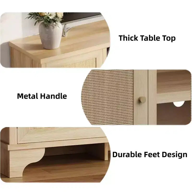 Coolmee Rattan TV Stand for Living Room, Boho Entertainment Center for 55, 65, 70 Inch TV, Wooden Console Cabinet with Storage and Shelf