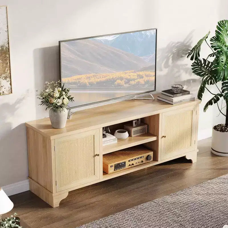 Coolmee Rattan TV Stand for Living Room, Boho Entertainment Center for 55, 65, 70 Inch TV, Wooden Console Cabinet with Storage and Shelf