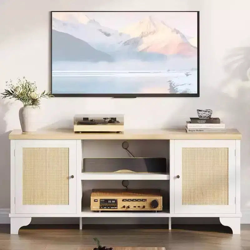 Coolmee Rattan TV Stand for Living Room, Boho Entertainment Center for 55, 65, 70 Inch TV, Wooden Console Cabinet with Storage and Shelf