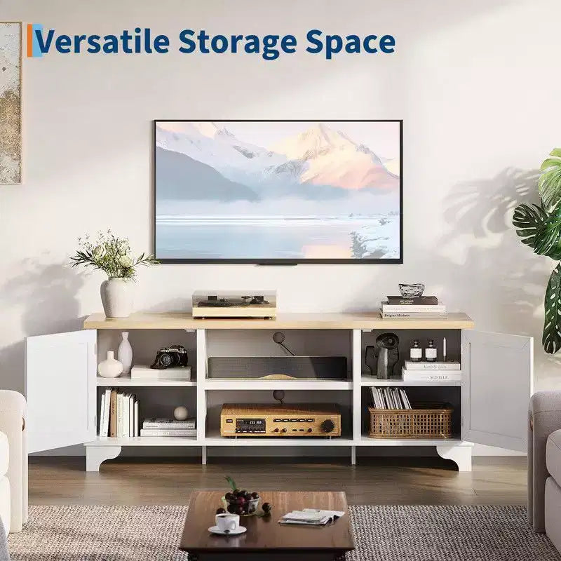 Coolmee Rattan TV Stand for Living Room, Boho Entertainment Center for 55, 65, 70 Inch TV, Wooden Console Cabinet with Storage and Shelf