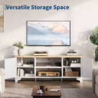 Coolmee Rattan TV Stand for Living Room, Boho Entertainment Center for 55, 65, 70 Inch TV, Wooden Console Cabinet with Storage and Shelf
