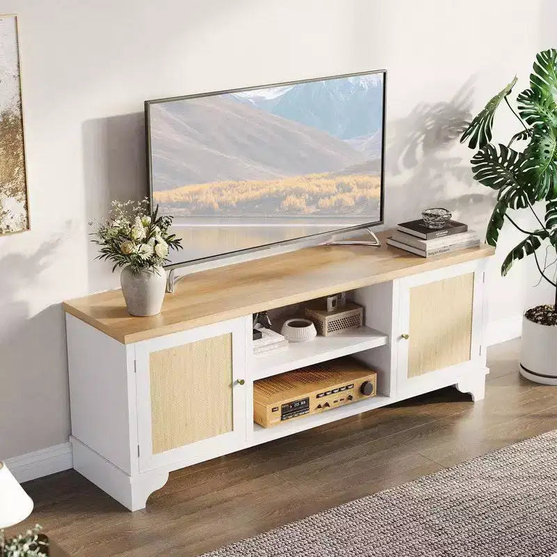 Coolmee Rattan TV Stand for Living Room, Boho Entertainment Center for 55, 65, 70 Inch TV, Wooden Console Cabinet with Storage and Shelf