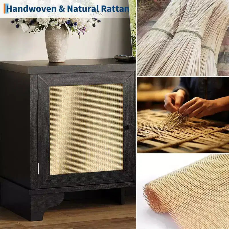 Coolmee Rattan TV Stand for Living Room, Boho Entertainment Center for 55, 65, 70 Inch TV, Wooden Console Cabinet with Storage and Shelf