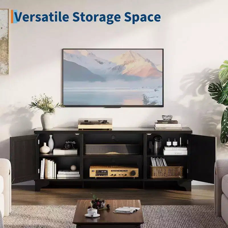 Coolmee Rattan TV Stand for Living Room, Boho Entertainment Center for 55, 65, 70 Inch TV, Wooden Console Cabinet with Storage and Shelf