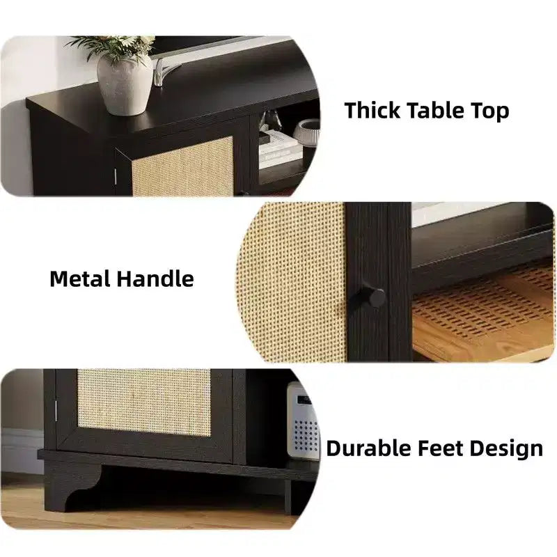 Coolmee Rattan TV Stand for Living Room, Boho Entertainment Center for 55, 65, 70 Inch TV, Wooden Console Cabinet with Storage and Shelf