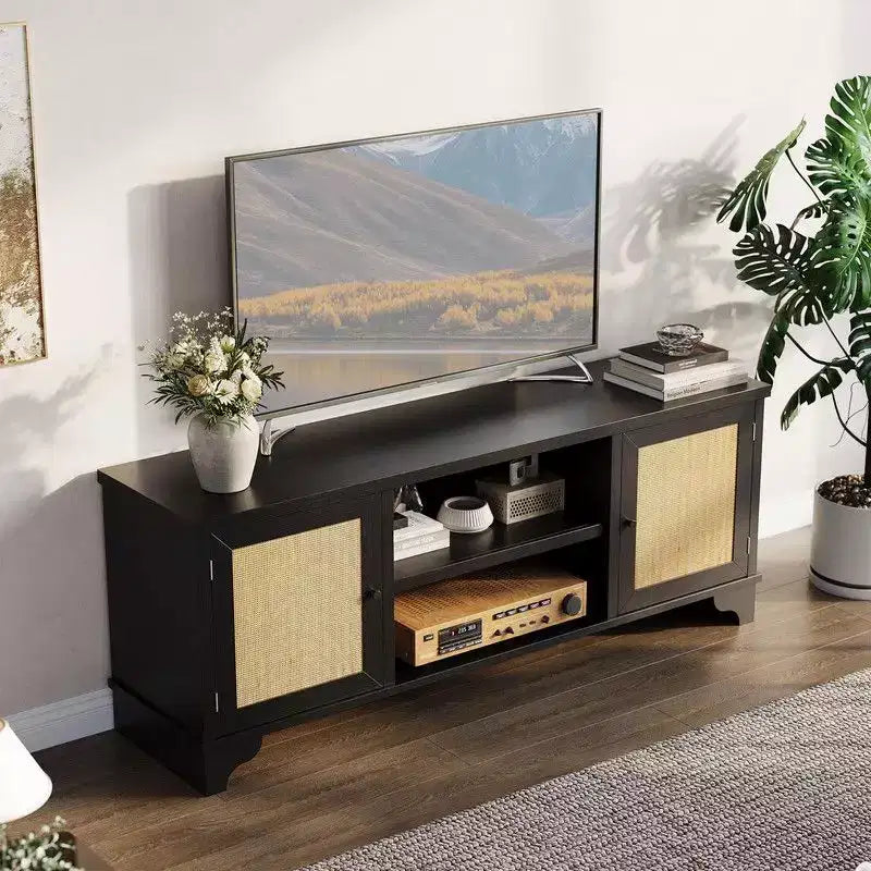 Coolmee Rattan TV Stand for Living Room, Boho Entertainment Center for 55, 65, 70 Inch TV, Wooden Console Cabinet with Storage and Shelf