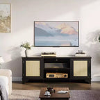 Coolmee Rattan TV Stand for Living Room, Boho Entertainment Center for 55, 65, 70 Inch TV, Wooden Console Cabinet with Storage and Shelf