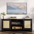 Coolmee Rattan TV Stand for Living Room, Boho Entertainment Center for 55, 65, 70 Inch TV, Wooden Console Cabinet with Storage and Shelf