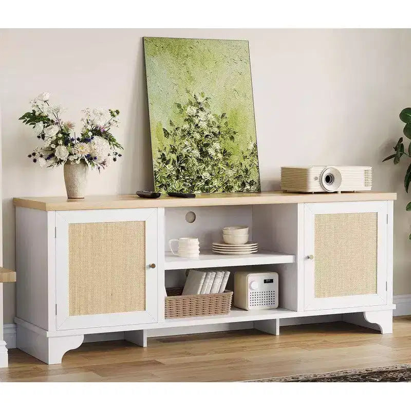 Mobile TV Coolmee in rattan per soggiorno, mobile da intrattenimento boho per TV da 55, 65, 70 pollici, mobile console in legno con vano portaoggetti e ripiano