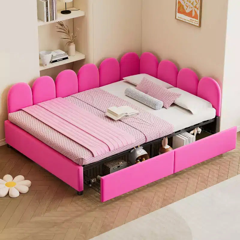 Bellemave Full Size Upholstered Daybed with 2 Storage Drawers, Velvet L-Shape daybed, upholstered daybed for Bedroom Living Room,Rose Red
