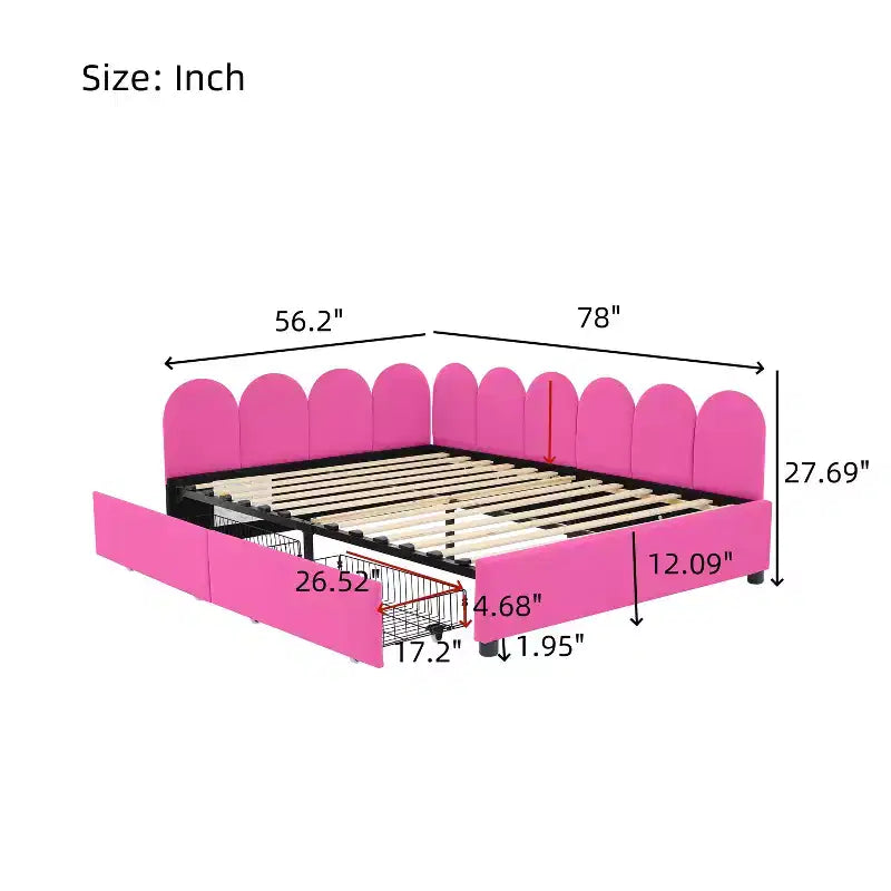 Bellemave Daybed imbottito a grandezza naturale con 2 cassetti portaoggetti, Daybed a L in velluto, Daybed imbottito per camera da letto e soggiorno, rosso rosa