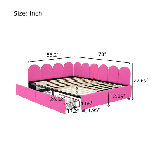 Bellemave Daybed imbottito a grandezza naturale con 2 cassetti portaoggetti, Daybed a L in velluto, Daybed imbottito per camera da letto e soggiorno, rosso rosa