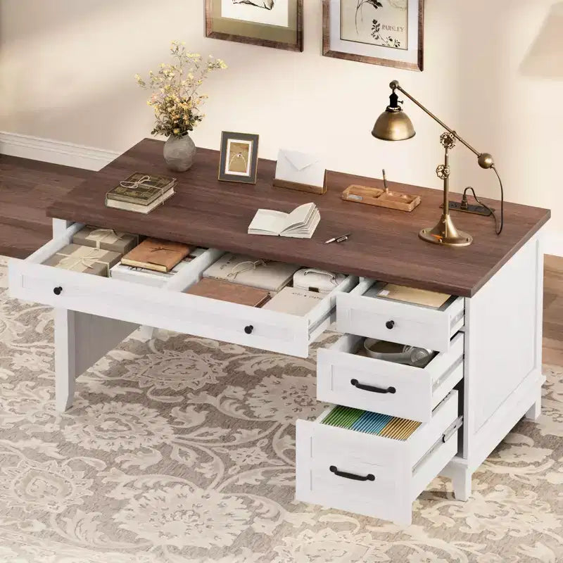 Scrivania Direzionale, Scrivania da Ufficio Domestico con Cassetti, Scrivania da Lavoro in Legno con Cassettiera, Scrivania per Computer per Lavoro, Studio, Scrittura, Bianco e Marrone