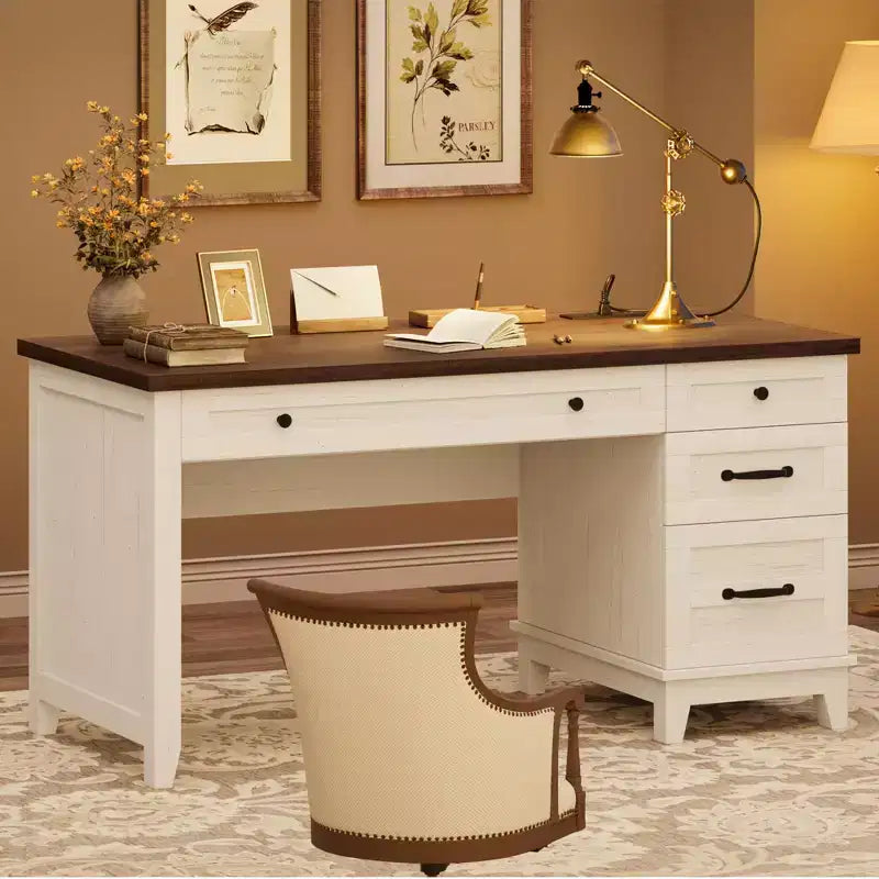 Scrivania Direzionale, Scrivania da Ufficio Domestico con Cassetti, Scrivania da Lavoro in Legno con Cassettiera, Scrivania per Computer per Lavoro, Studio, Scrittura, Bianco e Marrone