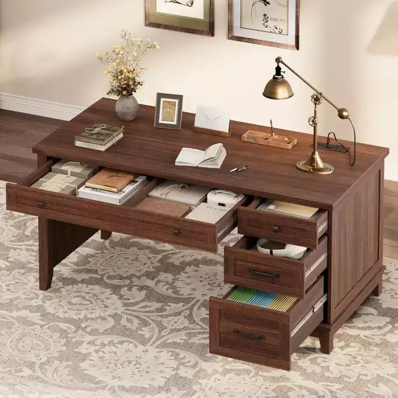 Scrivania Direzionale, Scrivania da Ufficio Domestico con Cassetti, Scrivania da Lavoro in Legno con Cassettiera, Scrivania per Computer per Lavoro, Studio, Scrittura, Bianco e Marrone