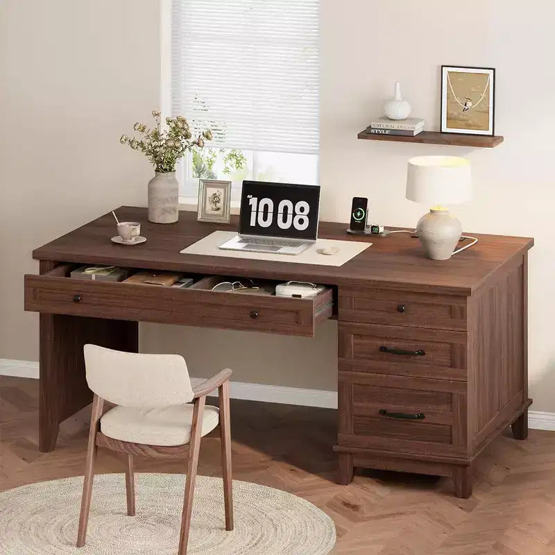 Scrivania Direzionale, Scrivania da Ufficio Domestico con Cassetti, Scrivania da Lavoro in Legno con Cassettiera, Scrivania per Computer per Lavoro, Studio, Scrittura, Bianco e Marrone