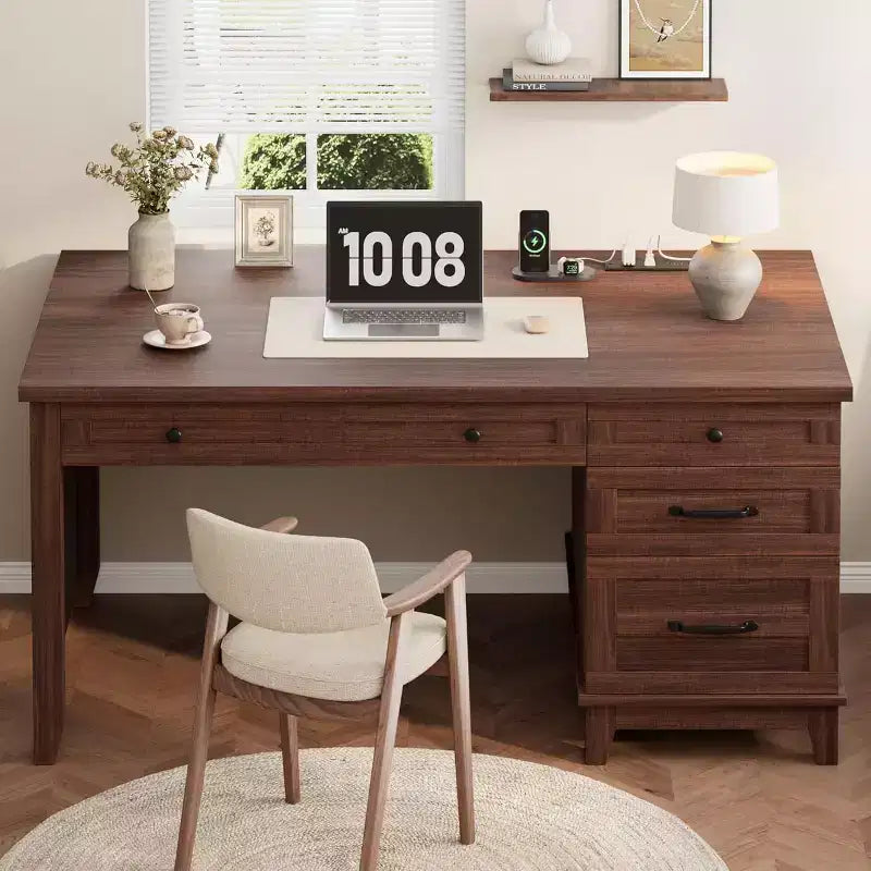 Scrivania Direzionale, Scrivania da Ufficio Domestico con Cassetti, Scrivania da Lavoro in Legno con Cassettiera, Scrivania per Computer per Lavoro, Studio, Scrittura, Bianco e Marrone