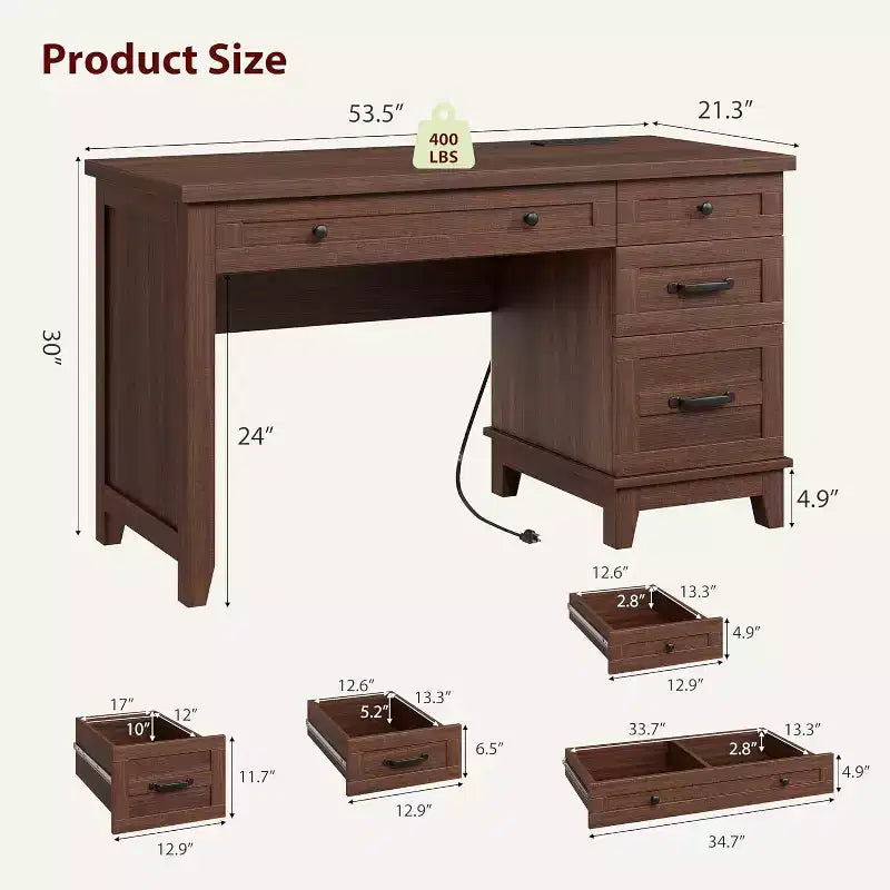 Scrivania Direzionale, Scrivania da Ufficio Domestico con Cassetti, Scrivania da Lavoro in Legno con Cassettiera, Scrivania per Computer per Lavoro, Studio, Scrittura, Bianco e Marrone