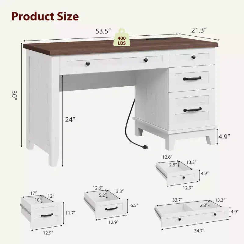 Scrivania Direzionale, Scrivania da Ufficio Domestico con Cassetti, Scrivania da Lavoro in Legno con Cassettiera, Scrivania per Computer per Lavoro, Studio, Scrittura, Bianco e Marrone
