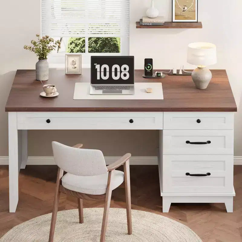 Scrivania Direzionale, Scrivania da Ufficio Domestico con Cassetti, Scrivania da Lavoro in Legno con Cassettiera, Scrivania per Computer per Lavoro, Studio, Scrittura, Bianco e Marrone