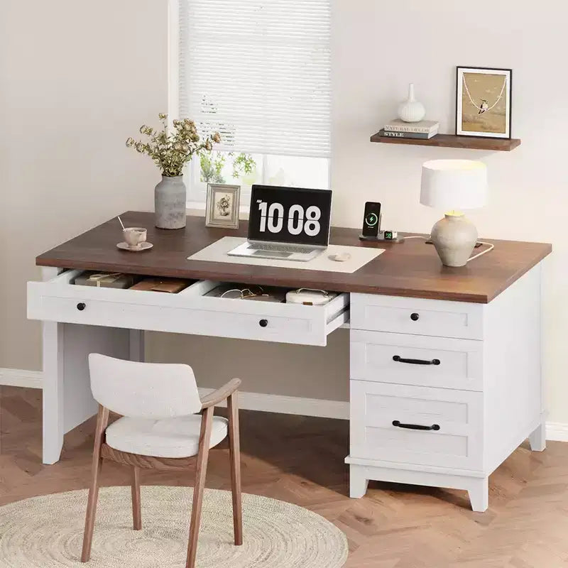 Scrivania Direzionale, Scrivania da Ufficio Domestico con Cassetti, Scrivania da Lavoro in Legno con Cassettiera, Scrivania per Computer per Lavoro, Studio, Scrittura, Bianco e Marrone
