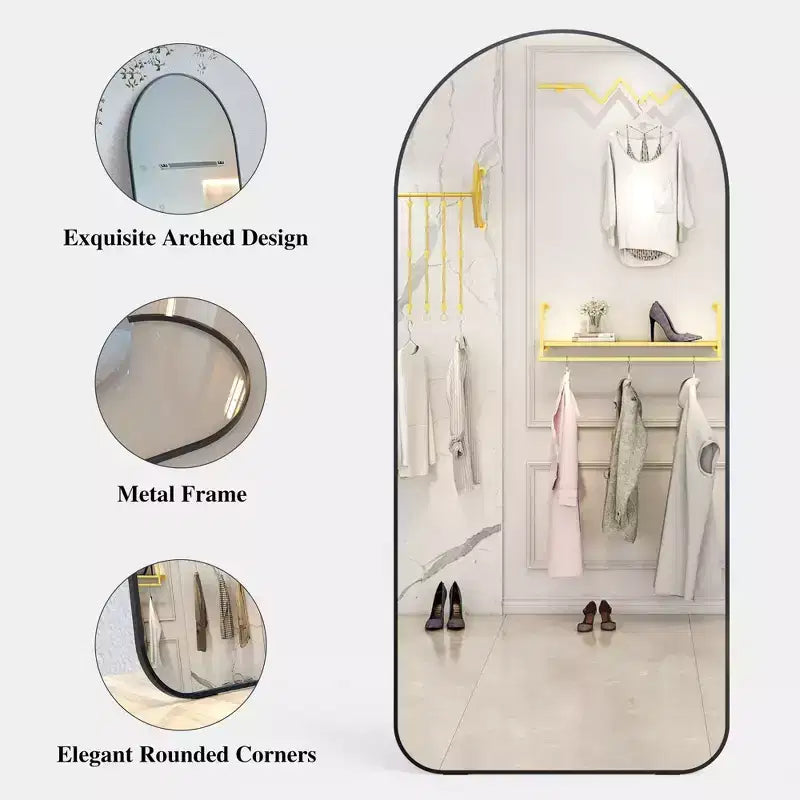 Specchio intero ad arco Okak 71*32IN, specchio da pavimento di grandi dimensioni con angoli arrotondati, specchio da parete per soggiorno, cabina armadio, nero