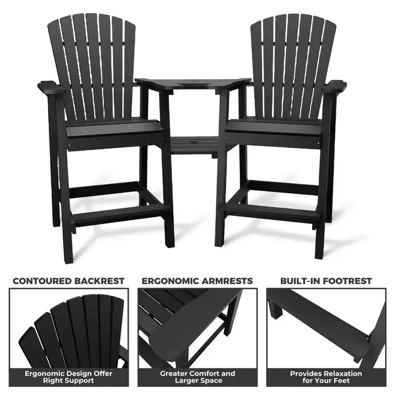 GustoWave Set di 2 Sedie Adirondack Alte, Sgabelli Alti in HDPE con Doppio Vassoio Connettore, Sedia Adirondack per 2 Persone Altezza Bar, Resistente a Tutte le Intemperie