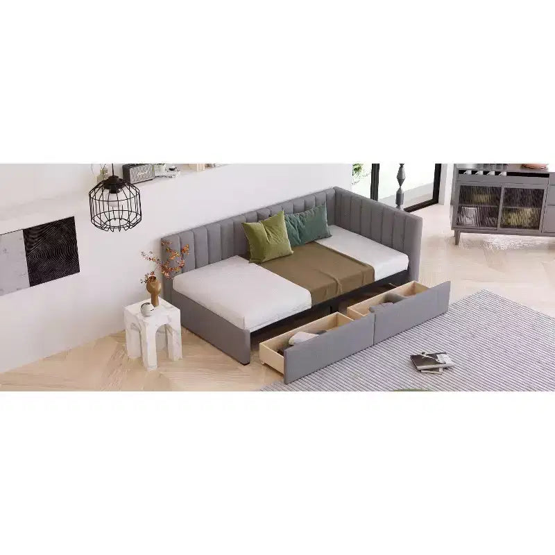 Bellemave Twin Size Upholstered Daybed with Storage Drawers,Linen Daybed Frame,Sofa Bed for Living Room Bedroom,Gray