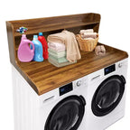 2-Tier Washer Dryer Countertop, Wood Laundry Countertop with Edge Rails, Waterproof Washer Dryer Cover with Anti-Slip Pads for Laundry Room Storage