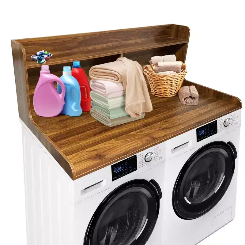 2-Tier Washer Dryer Countertop, Wood Laundry Countertop with Edge Rails, Waterproof Washer Dryer Cover with Anti-Slip Pads for Laundry Room Storage