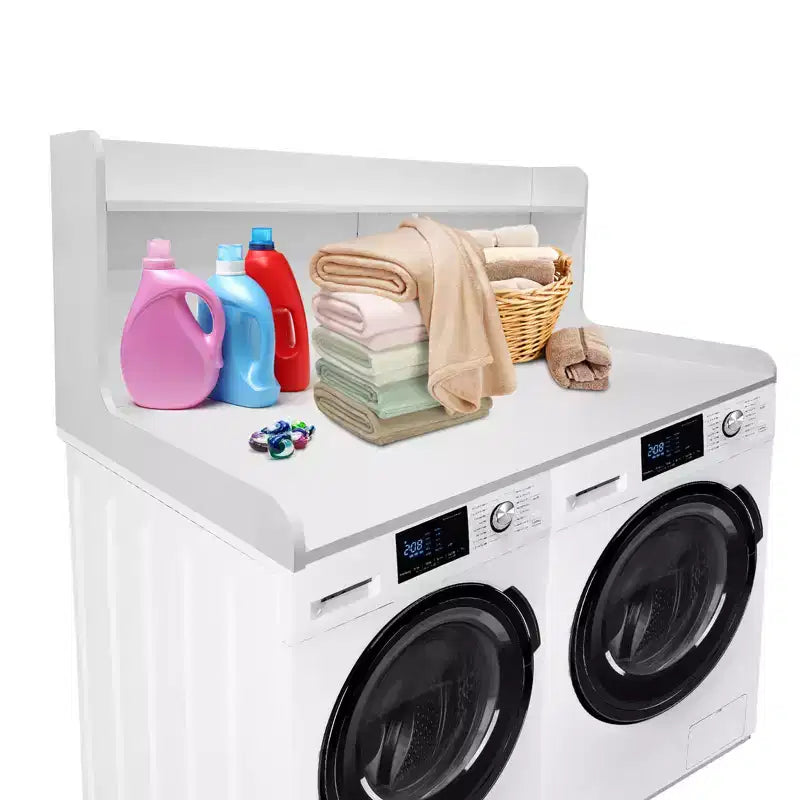 2-Tier Washer Dryer Countertop, Wood Laundry Countertop with Edge Rails, Waterproof Washer Dryer Cover with Anti-Slip Pads for Laundry Room Storage