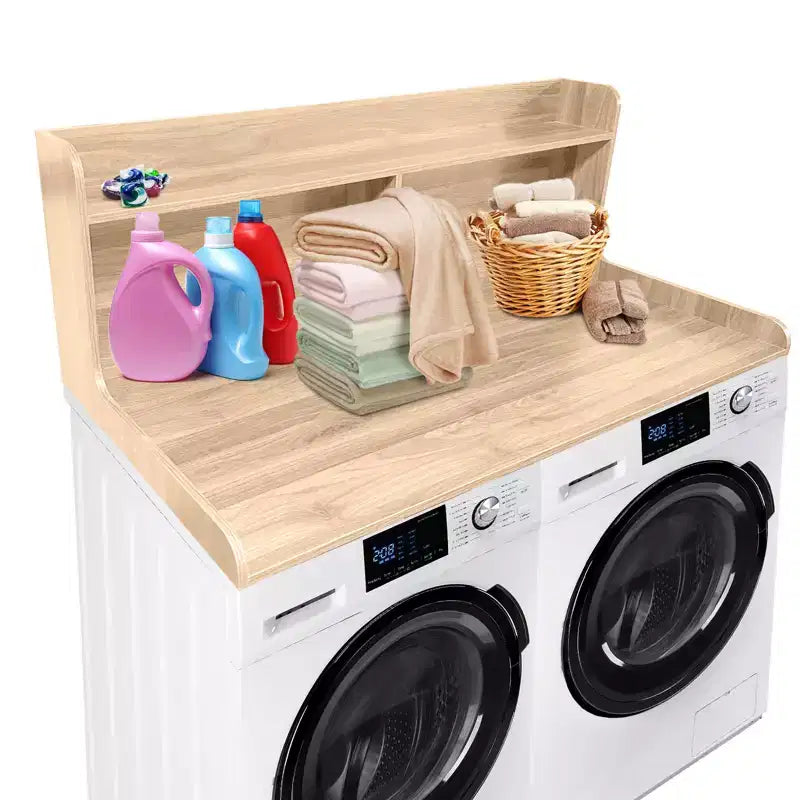 2-Tier Washer Dryer Countertop, Wood Laundry Countertop with Edge Rails, Waterproof Washer Dryer Cover with Anti-Slip Pads for Laundry Room Storage