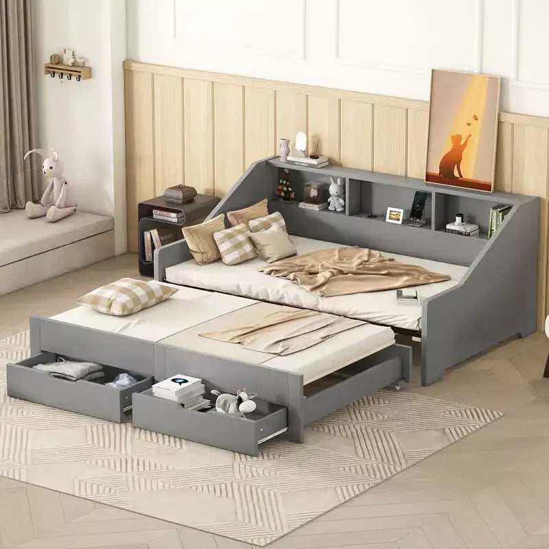 Struttura divano letto Bellemave da una piazza e mezza a matrimoniale con librerie portaoggetti e due cassetti, con design di ricarica, Grigio