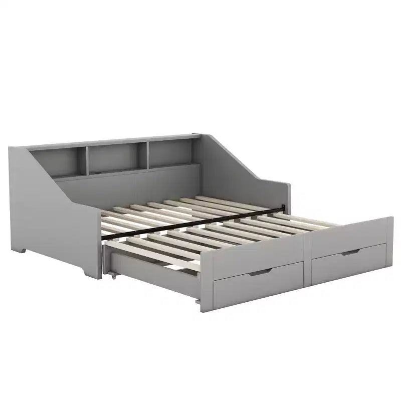 Struttura divano letto Bellemave da una piazza e mezza a matrimoniale con librerie portaoggetti e due cassetti, con design di ricarica, Grigio