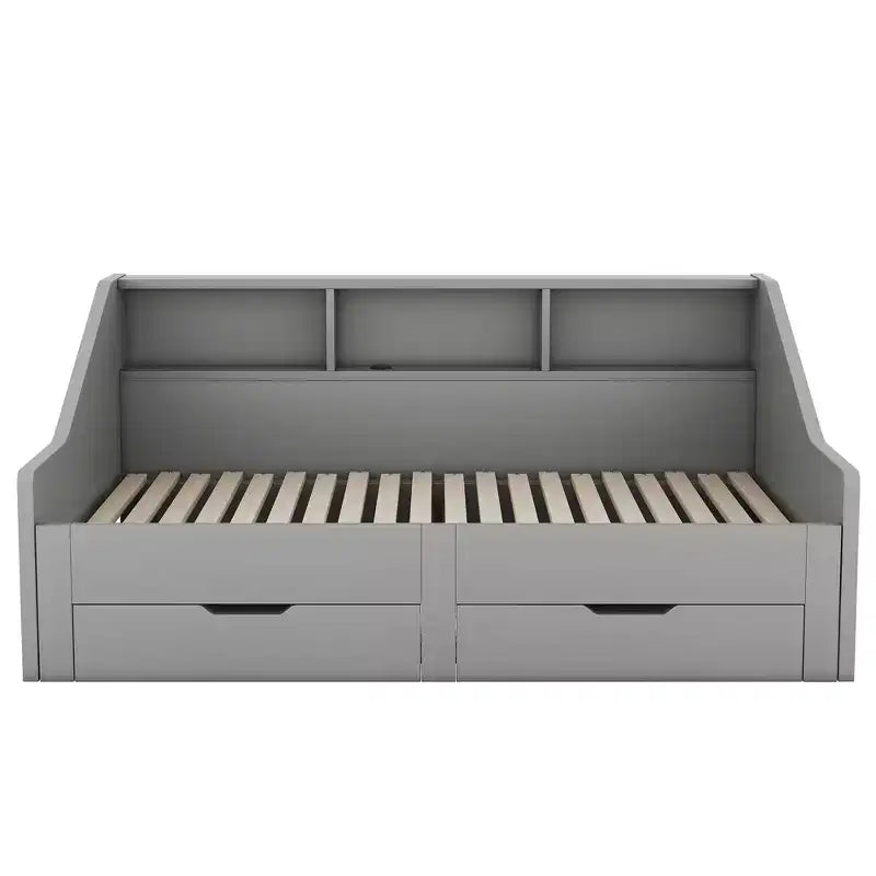 Struttura divano letto Bellemave da una piazza e mezza a matrimoniale con librerie portaoggetti e due cassetti, con design di ricarica, Grigio
