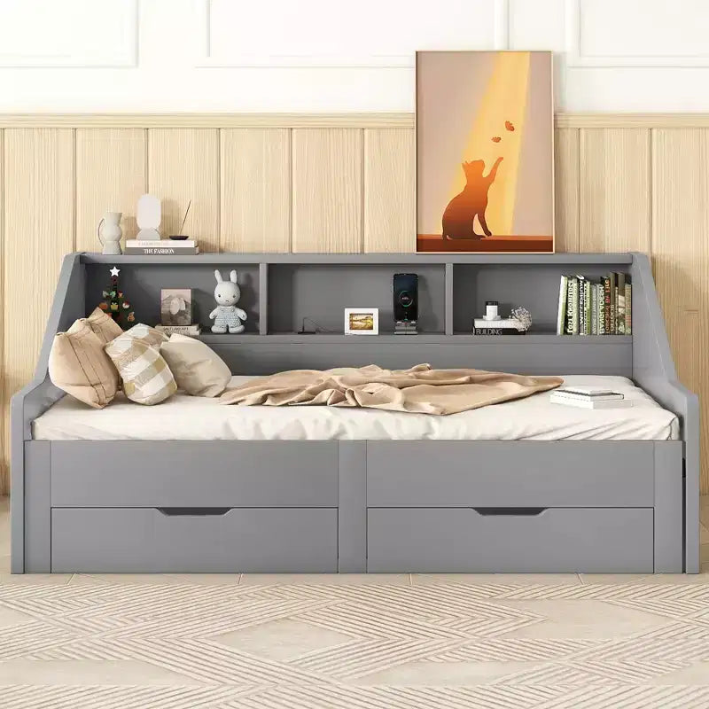 Struttura divano letto Bellemave da una piazza e mezza a matrimoniale con librerie portaoggetti e due cassetti, con design di ricarica, Grigio