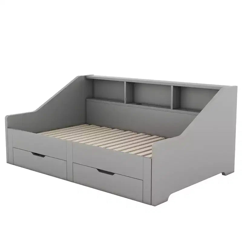 Struttura divano letto Bellemave da una piazza e mezza a matrimoniale con librerie portaoggetti e due cassetti, con design di ricarica, Grigio