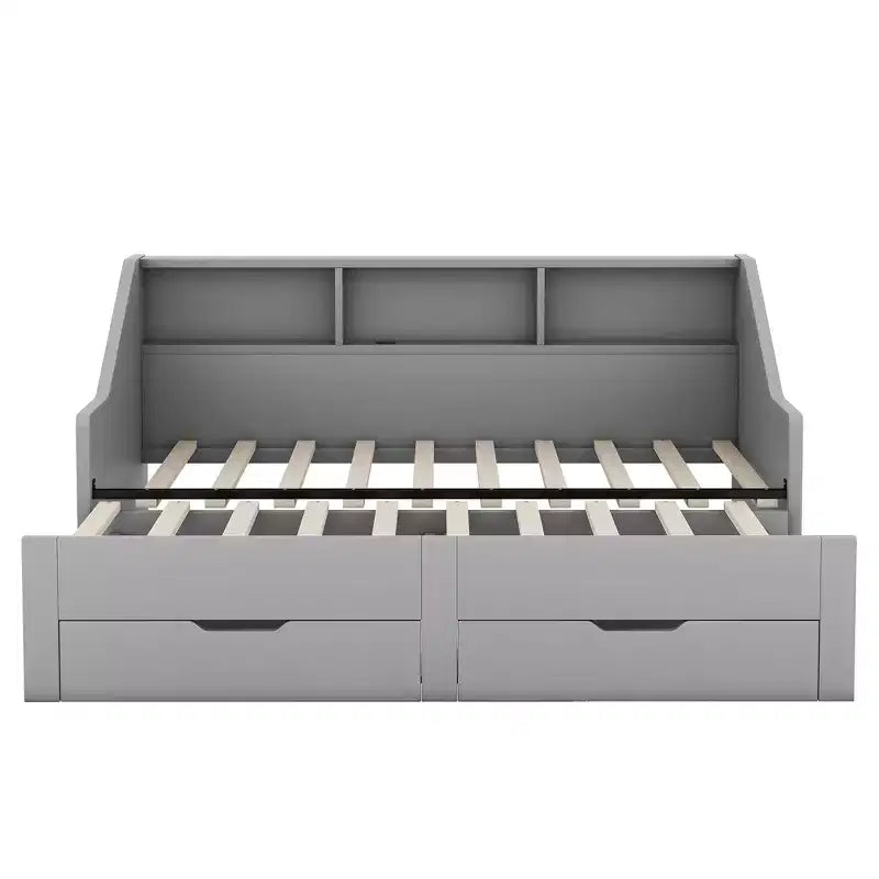 Struttura divano letto Bellemave da una piazza e mezza a matrimoniale con librerie portaoggetti e due cassetti, con design di ricarica, Grigio