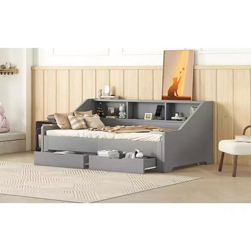 Struttura divano letto Bellemave da una piazza e mezza a matrimoniale con librerie portaoggetti e due cassetti, con design di ricarica, Grigio