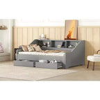 Struttura divano letto Bellemave da una piazza e mezza a matrimoniale con librerie portaoggetti e due cassetti, con design di ricarica, Grigio