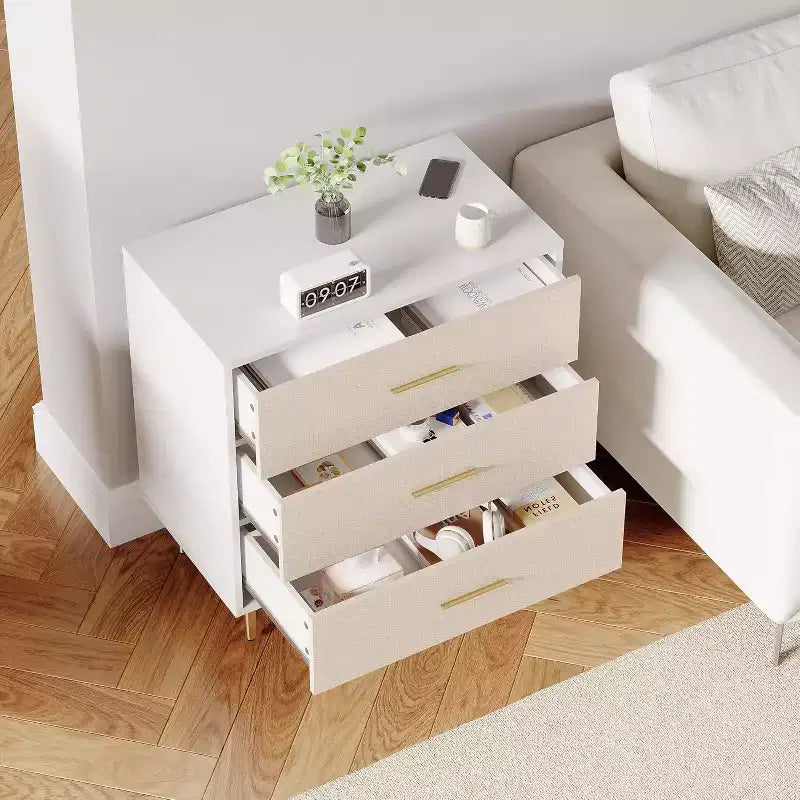 Chest of Drawers, 3 Drawer Storage Unit, Modern Nightstand with Gold Metal Handles & Legs, Wood Bedside Table Small Dresser for Bedroom, Living Room