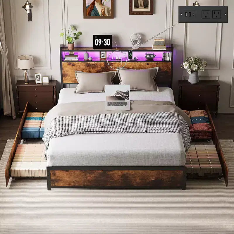 VINGLI Bed Frame with 4 Storage Drawers/Headboard, Metal Platform with Charging Station and LED, No Box Spring Needed, Easy Assembly, Vintage Brown