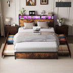 VINGLI Bed Frame with 4 Storage Drawers/Headboard, Metal Platform with Charging Station and LED, No Box Spring Needed, Easy Assembly, Vintage Brown