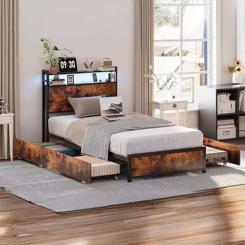 VINGLI Bed Frame with 4 Storage Drawers/Headboard, Metal Platform with Charging Station and LED, No Box Spring Needed, Easy Assembly, Vintage Brown
