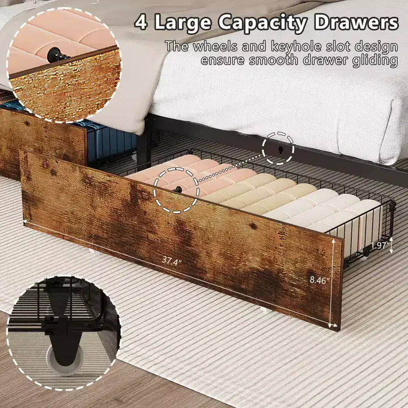 VINGLI Bed Frame with 4 Storage Drawers/Headboard, Metal Platform with Charging Station and LED, No Box Spring Needed, Easy Assembly, Vintage Brown